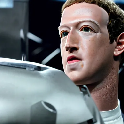 Image similar to Mark Zuckerberg plays Terminator, scene where his endoskeleton gets exposed