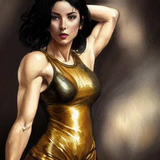 Prompt: a black haired woman punching a man in a golden outfit, in a black tank top, muscular upper body, abs, d & d, fantasy, intricate, elegant, highly detailed, digital painting, artstation, concept art, smooth, sharp focus, illustration, art by artgerm and greg rutkowski and alphonse mucha