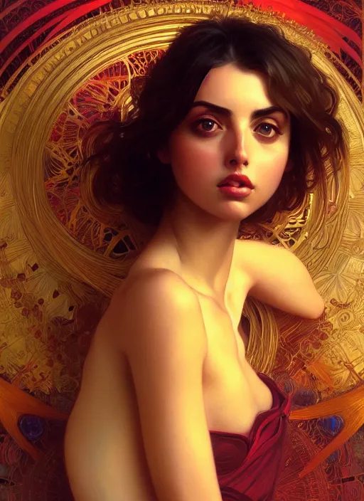 Prompt: portrait of ana del armas, intricate, elegant, glowing lights, highly detailed, digital painting, artstation, glamor pose, concept art, smooth, sharp focus, illustration, art by wlop, alphonse mucha and craig mullins