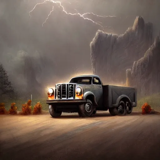 Prompt: a beautiful detailed realistic pick - up truck in a serene landscape with an eerie dark magic lightning portal to another dimension, by john howe and alexander skold and andreas rocha. vray, raytracing, detailed lighting, volumetric lighting, cinematic lighting, very wide shot, f 8