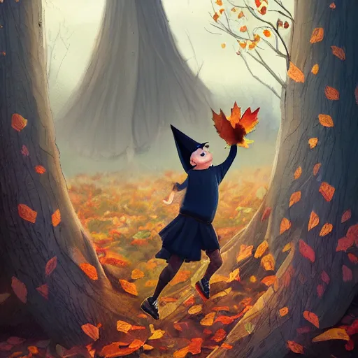 Image similar to a boy wearing a witches hat jumping into a pile of leaves on a beautiful autumn day, cute storybook illustration, trending on artstation, cgsociety, beautiful painting