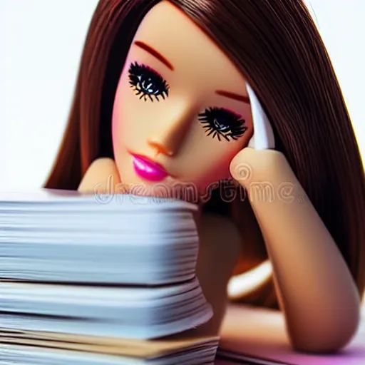 Image similar to a barbie doll with an exhausted!!!! expression sits at a desk with several large stacks of paper on it. her head is resting on her hand. stock photo, golden hour, photorealistic,
