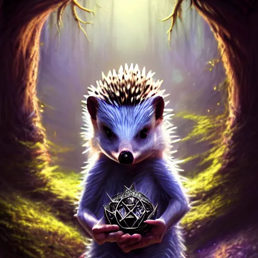 Image similar to Hedgehog fantayy druid, Tzeentch, portrait, nature, fairy, forest background, magic the gathering artwork, D&D, fantasy, cinematic lighting, centered, symmetrical, highly detailed, digital painting, artstation, concept art, smooth, sharp focus, illustration, volumetric lighting, epic Composition, 8k, art by Akihiko Yoshida and Greg Rutkowski and Craig Mullins, oil painting, cgsociety