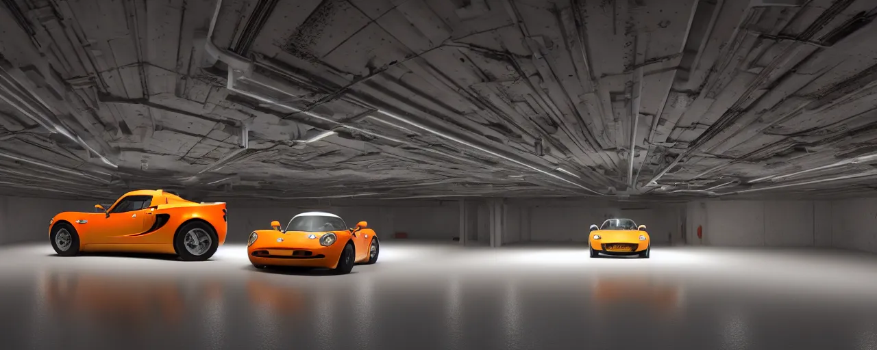 Image similar to highly detailed underground parking garage showcasing one only one single lone sparkly orange Lotus Elise, fluorescent ceiling lights, by Beeple and Syd Meade, concept art, octane render, 8k HDR, artstation