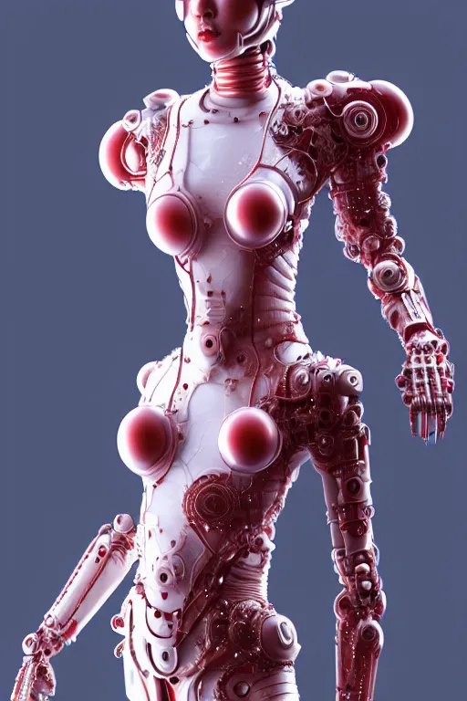 Image similar to a statue made of red marble, of an beautiful chinese girl, full body shot, perfect body, white biomechanical, inflateble shapes, wearing epic bionic cyborg implants, masterpiece, intricate, biopunk futuristic wardrobe, vogue, highly detailed, artstation, concept art, background galaxy, cyberpunk, octane render