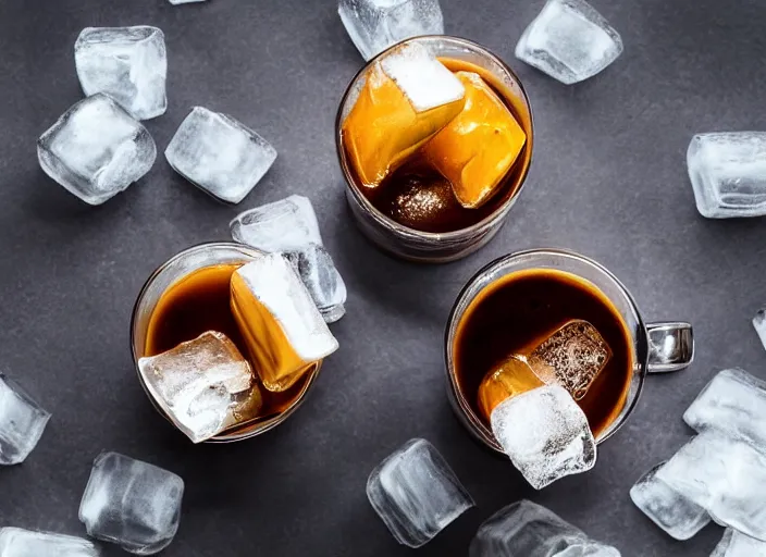 Prompt: a huge amount of ice cubes and a single shot of espressor, food photography, incredible lighting