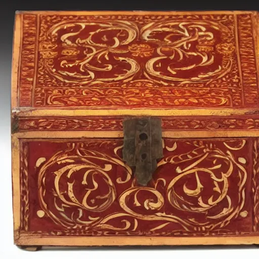 Image similar to edwardian photograph of a fine vizagapatam rosewood and ivory-inlaid workbox, south india, made in 1650, beautiful, ornate, very grainy, slightly blurry, 1900s, 1910s