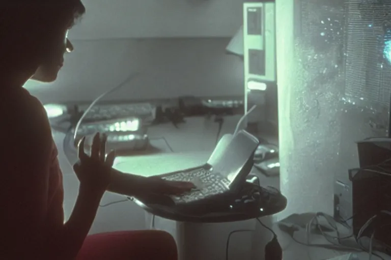 Image similar to alien using a computer to check her email submerged in translucent goo, over the shoulder perspective, in 1 9 8 5, y 2 k cybercore, industrial low - light photography, still from a kiyoshi kurosawa movie