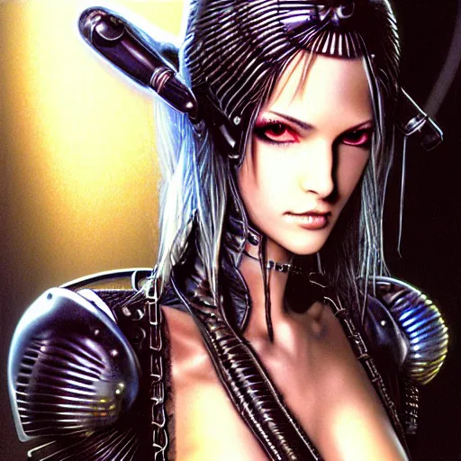 Prompt: an award finning closeup portrait by clyde caldwell and luis royo of a very beautiful and attractive female bohemian cyberpunk traveller aged 2 1 in excessively fashionable cyberpunk gear