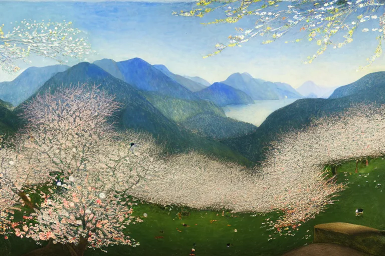 Image similar to an ultradetailed landscape painting of a panorama view of westlake, osmanthus blossoms nearby, fine wind, highly detailed, artstation, concept art, smooth, sharp focus, illustration, by hilma af klint, 8 k