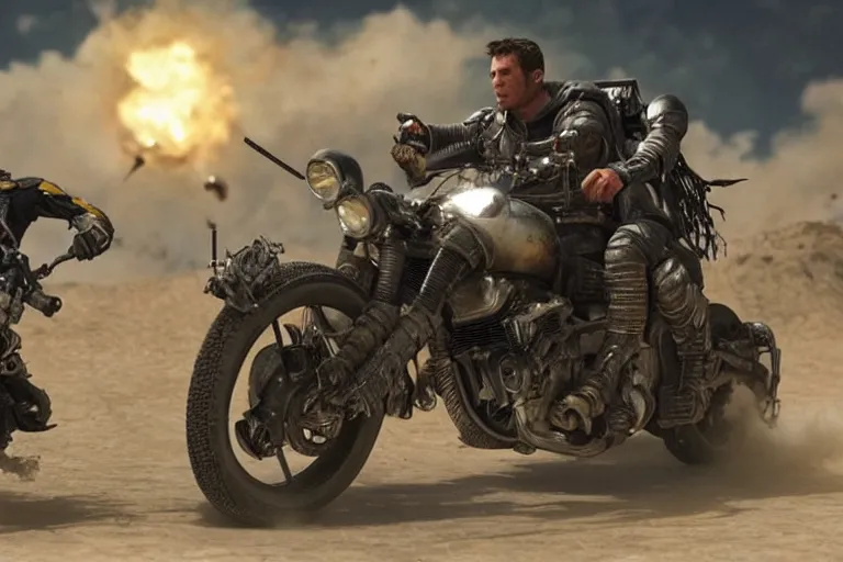 Image similar to mad max riding his interceptor in space, fighting mutants on space bikes, action - scene, very detailed, high octane