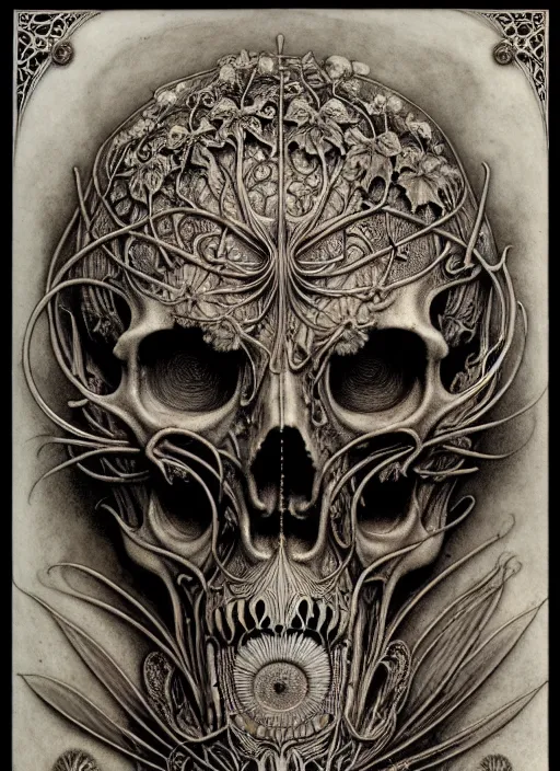 Image similar to art forms of nature by ernst haeckel, memento mori by arthur rackham, ornate antique porcelain beautiful skull mask, ultrasharp, photorealistic, hyperdetailed, octane render, polished, art nouveau, neo - gothic, gothic, intricate ornamental organic filigree, art nouveau botanicals, art forms of nature by ernst haeckel, horizontal symmetry, symbolist, visionary