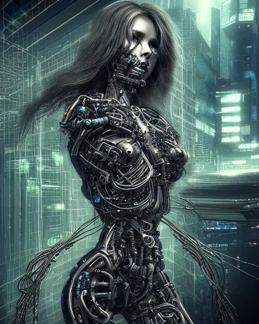 Image similar to portrait photo of an aesthetic biomechanical cyborg plugged into a quantum computer with cables and wires and optic fibers. cyberpunk horror style. art by luis royo. highly detailed 8 k. intricate. nikon d 8 5 0 5 5 mm. award winning photography.