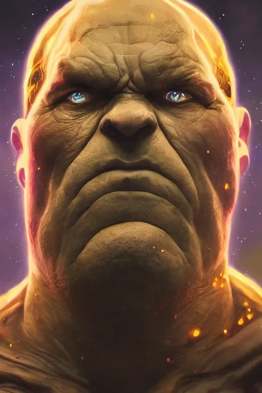 Image similar to characters portrait of Darkseid mixed with Thanos by Alyssa Monks, full-shot, merged character, Full body shot, cinematic opening shot, 4k, highly detailed, cinematic lighting