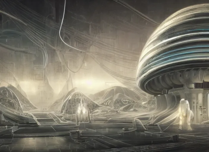 Image similar to cult of technology, exterior of scifi temple, machines, robots, ultra realistic, transparent labs, metallic surface, highly detailed, white, futuristic landscape, city, utopian architecture, atmosphere, masterpiece, portals, epic lighting, glowing wires, mysterious, 4 k, cinematic, art by patryk olkiewicz and chris ostrowski and liang yao