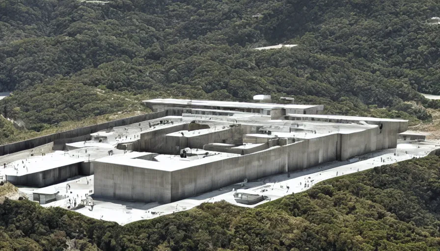 Image similar to big military base perched on a cliff overlooking a magnificient bay, laboratory, drawing architecture, science fiction, pritzker architecture prize, greig fraser