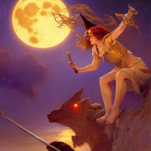 Image similar to witch flying using a broom, trough the night, fantasy, full moon in background. highly detailed painting by gaston bussiere, craig mullins, j. c. leyendecker 8 k