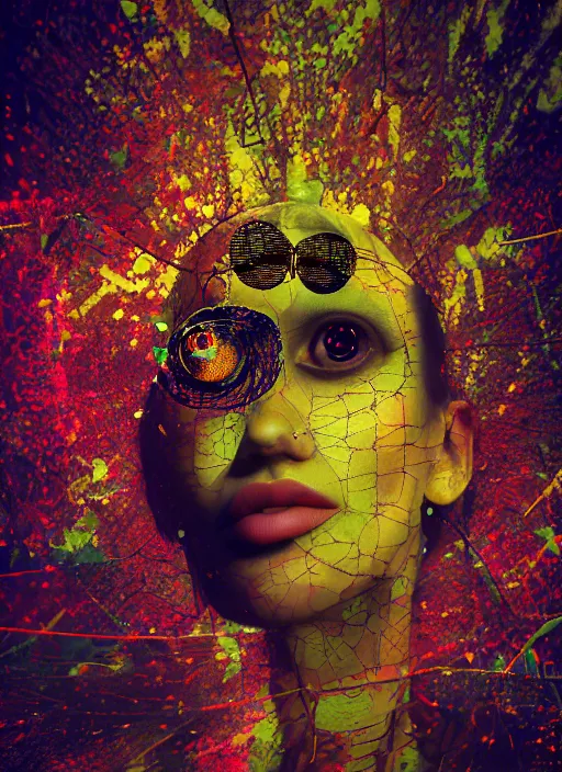 Image similar to a woman with insect eyes is pictured on the wall, glitch art, octane render, trending on artstation, gritty, nekro, vito acconci