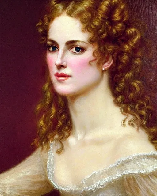 Prompt: regency portrait en buste of Nicole Kidman by Hughes Merle, by Pierre Auguste Cot, perfectly detailed eyes, realistic fabric, abundant detail