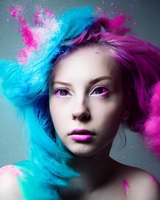 Image similar to a dramatic lighting photo of a beautiful young woman with cotton candy hair. paint splashes. with a little bit of cyan and pink