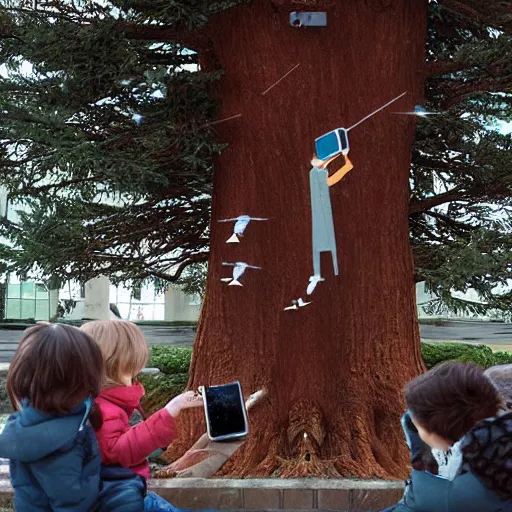 Prompt: a drone taking the photo of the tree at the end of the book stuck by Oliver Jeffers