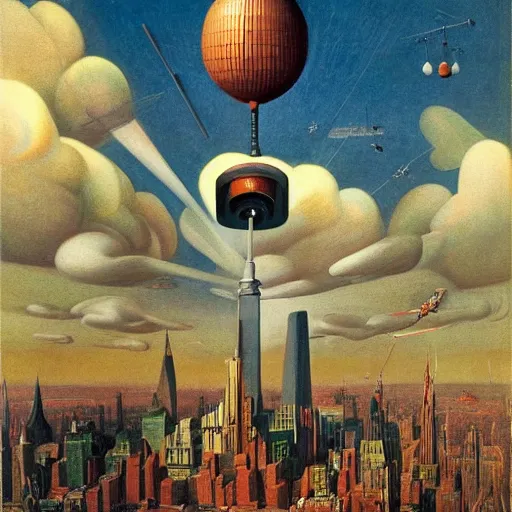 Image similar to yoked physique ultimate space villain super granny flies above new york city with her vacuum cleaner orwellian themes konstantin vasilyev grant wood jan van eyck john steuart curry