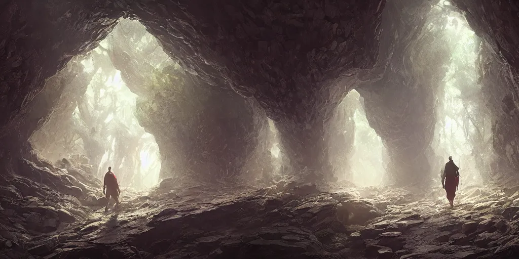 Image similar to drawfs trek along a path in an immense underground cavern, lit by magical light, giant mushrooms, dark fantasy, Greg Rutkowski and Studio Ghibli and Ivan Shishkin