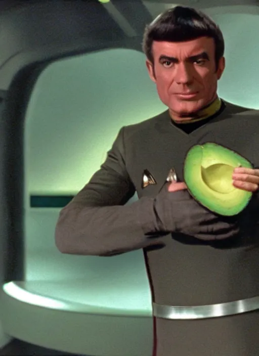 Prompt: avocado - human hybrid on the transporter pad in star trek