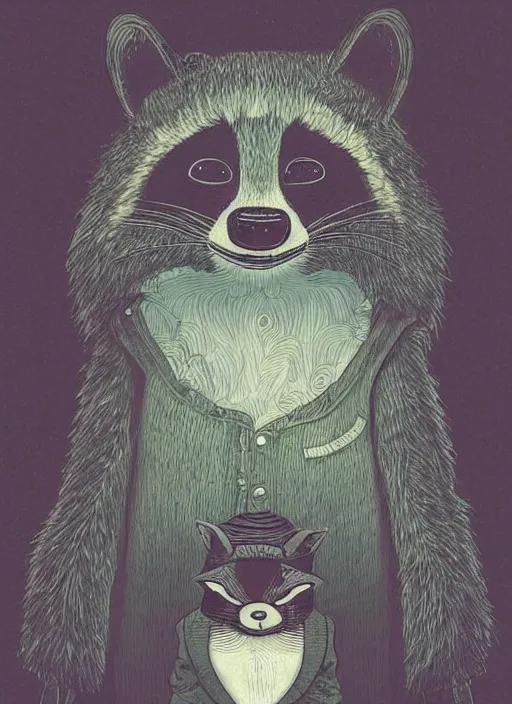 Image similar to a fantasy illustration portrait of an anthropomorphic raccoon mage, by victo ngai, by stephen gammell, by george ault, in the style of animal crossing, artstation