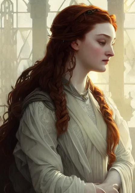 Image similar to little sansa stark, intricate, elegant, highly detailed, digital painting, artstation, concept art, smooth, sharp focus, illustration, art by artgerm and greg rutkowski and alphonse mucha and william - adolphe bouguereau