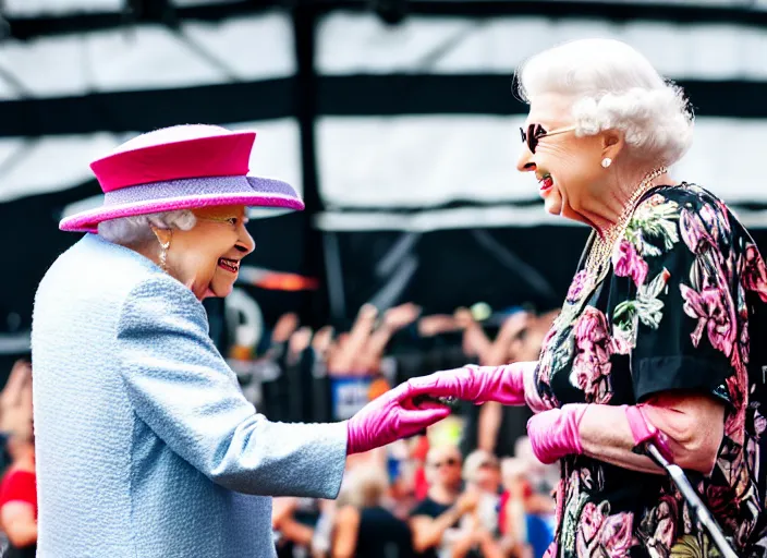 Image similar to photo still of queen elizabeth at vans warped tour!!!!!!!! at age 7 0 years old 7 0 years of age!!!!!!! throwing down in the mosh pit, 8 k, 8 5 mm f 1. 8, studio lighting, rim light, right side key light