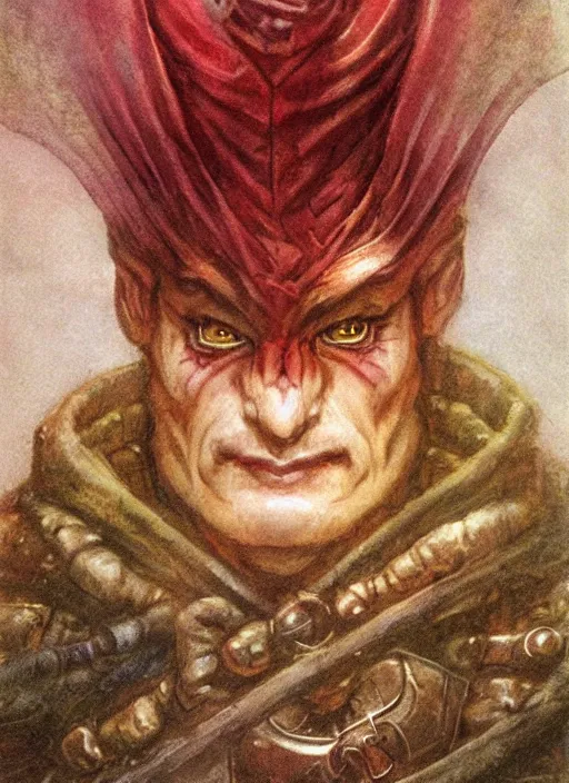 Image similar to portrait of dwarvern wizard, beautiful! coherent! dungeons and dragons character, by brian froud, strong line, deep color, leather armor, short red hair, high contrast