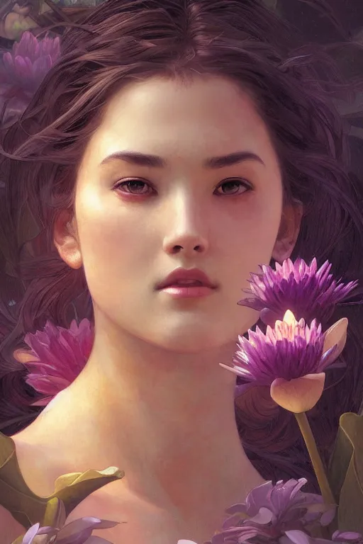 Prompt: close up portrait of goddes of waterlily, digital illustration, dramatic lighting, by artgerm and greg rutkowski and alphonse mucha