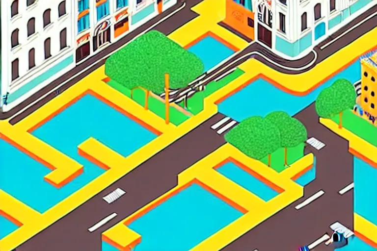 Prompt: highly detailed isometric illustration of a city scape by Wes Anderson, hyperrealistic, photorealistic, artstyle, highly detailed, sharp