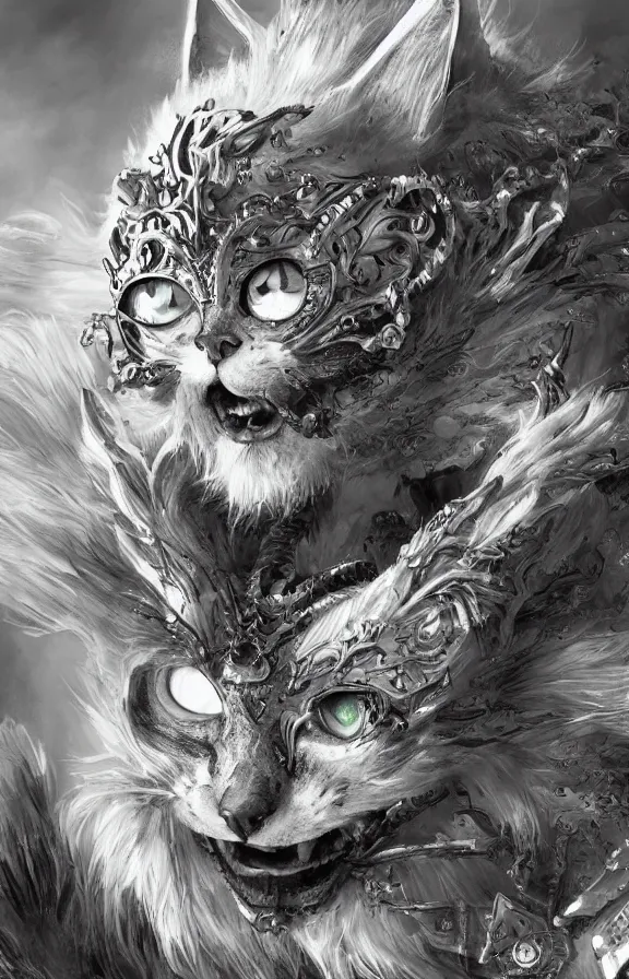 Image similar to an concept art of the cat king, pale hair, one eye, intricate details, detailed face, detailed armour, artstation, epic pose, ambient light, by eiichiro oda