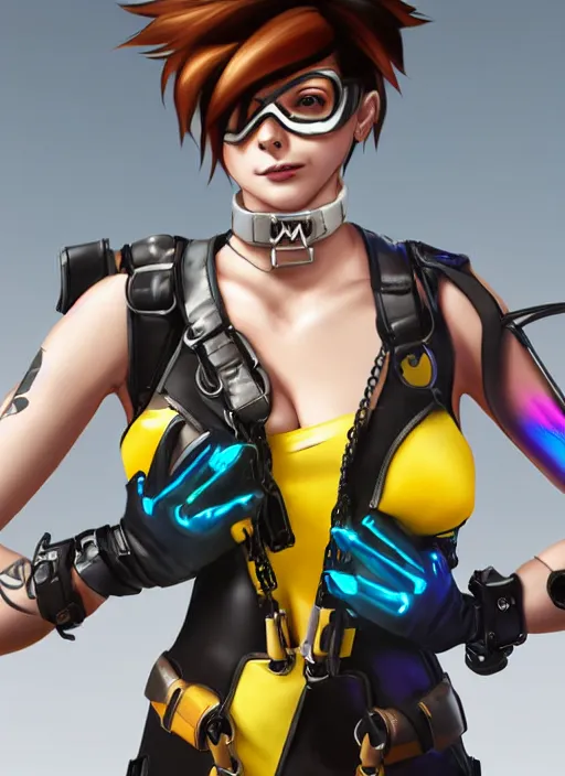 Image similar to full body digital artwork of tracer overwatch, wearing black iridescent rainbow latex tank top, 4 k, expressive happy smug expression, makeup, in style of mark arian, wearing detailed black leather collar, wearing chains, black leather harness, leather cuffs around wrists, detailed face and eyes,