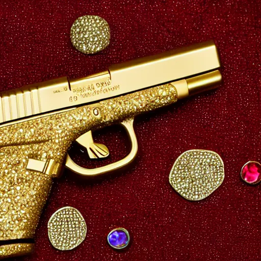 Prompt: a medium shot photograph of a gold glock 18 encrusted with gemstones against a smooth red silk background