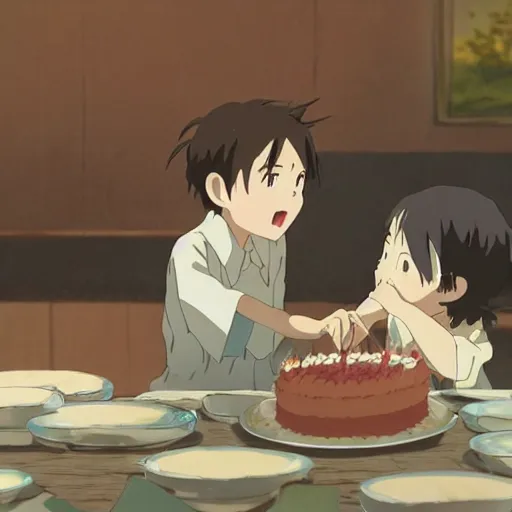 Image similar to Children fighting over a cake, by Dice Tsutsumi, Makoto Shinkai, Studio Ghibli