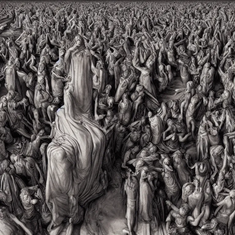 Prompt: octane render portrait by wayne barlow and carlo crivelli and glenn fabry, a huge crowd of people in giant black wavy billowing fabric cult robes inside an ancient greek mystery cult, worshipping a giant stone idol, cinema 4 d, ray traced lighting, very short depth of field, bokeh