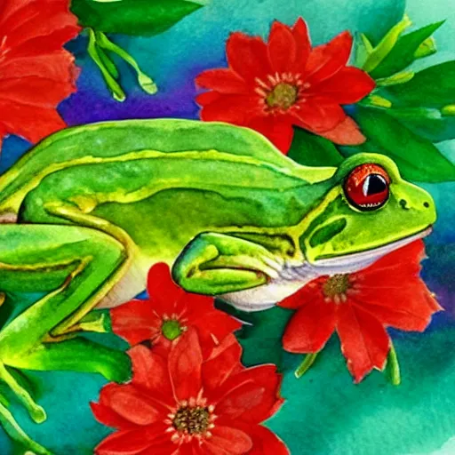 Prompt: a beautiful watercolor painting of a frog made of flowers sitting on a lilypad made of rainbows