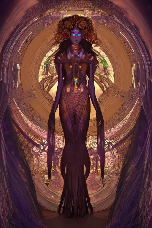 Image similar to a realistic dark photo of a beautiful ancient alien woman goddess in jewelery and fractals in style of alphonse mucha art nuvo dmt trending on artstation made in unreal engine 4