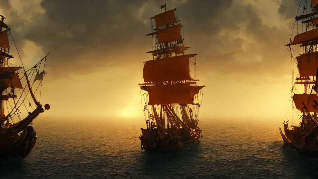 Image similar to a pirate ship, low angle, cinematic, golden hour, artstation, hd, mist