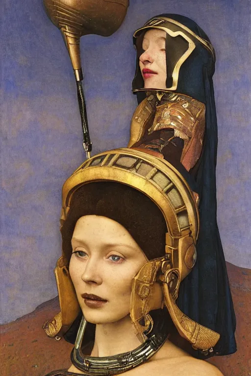 Image similar to portrait of the space queen with her helmet and regalia, by Annie Swynnerton and Nicholas Roerich and John Bauer and John William Godward and Donato Giancola and Vermeer, black leather and embroidered velvet, iridescent beetles, rich color, lost runes, ancient civilizations, dramatic cinematic lighting, featured on Artstation, extremely detailed