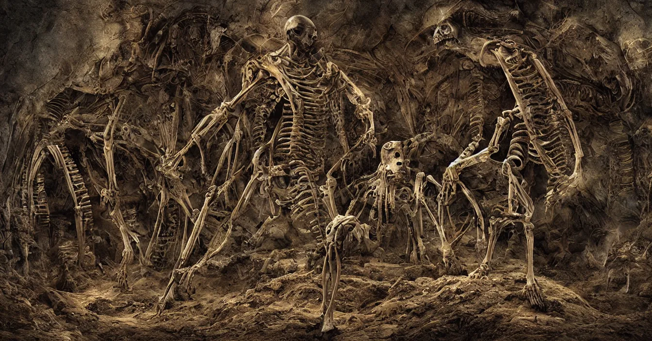 Prompt: futuristic archaeologist excavating buried huge alien skeleton hidden in deep dark mud, deep sense of horror atmosphere, visual fidelity and plasticity, deep depth, defocus, digital art, in style of franklin booth