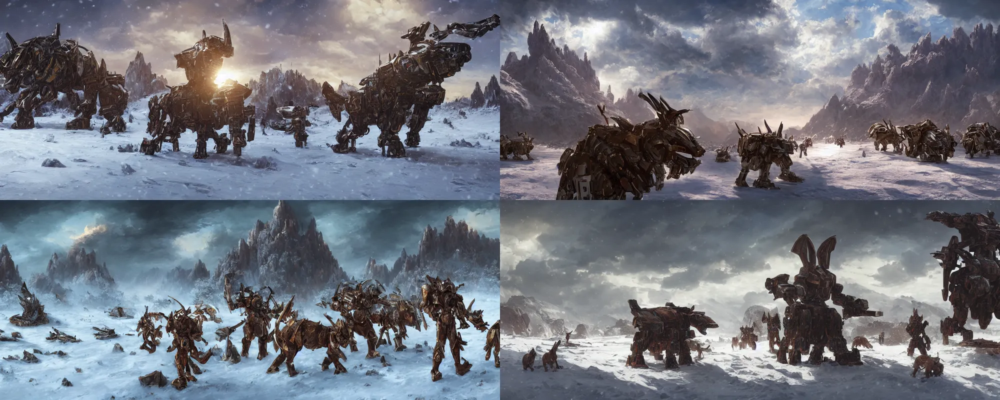 Prompt: African war oversized mecha rabbits wearing elaborate war armor fighting in snow mountain landscape, beautiful dynamic lighting, cinematic, wide angle establishing shot, extremely high detail, photo realistic, cinematic lighting, post processed, concept art, artstation, matte painting, style by frederic church, raphael lacoste, unreal engine 8k