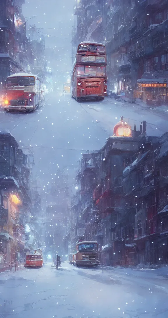 Image similar to A bus in a snowy city, bright, pretty, by Studio Ghibli and Greg Rutkowski, artstation