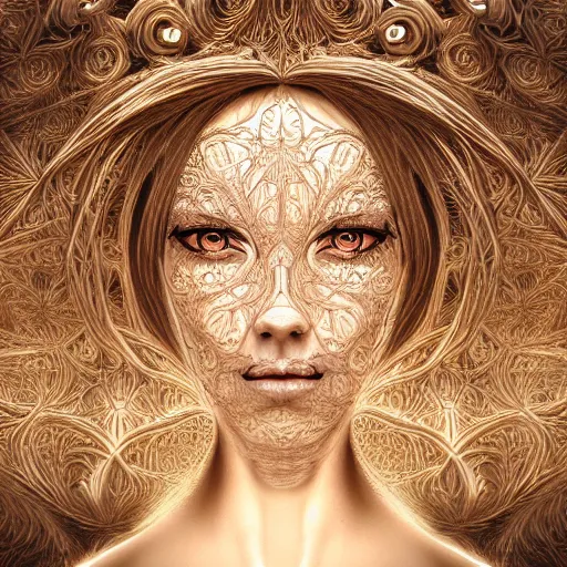 Prompt: beatifull frontal face portrait of a woman, mandelbrot fractal, symmetric, intricate, elegant, highly detailed, ornate, ornament, sculpture, elegant , luxury, beautifully lit, ray trace, octane render in the style of Gerald Brom and peter Gric