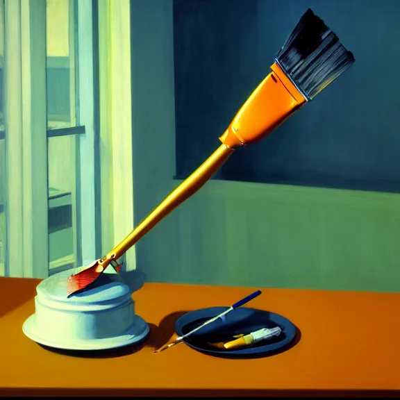 Prompt: a beautiful illustration of a robotic arm holding a paintbrush in front of a canvas by Edward Hopper, clean lines, very detailed, colorful octane render