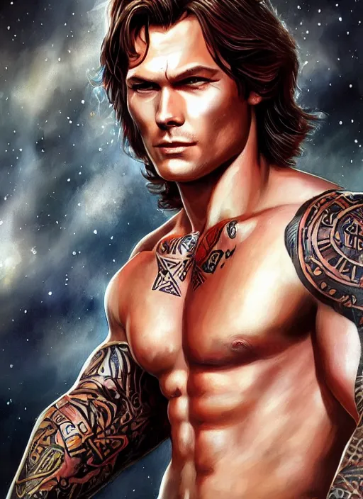 Image similar to handsome! Sam Winchester as a muscular whole body tattooed with runes and religious symbols, urban fantasy romance book cover, D&D!, fantasy style, sharp focus!, ultra detailed, art by Artgerm and Peter Andrew Jones, WLUP