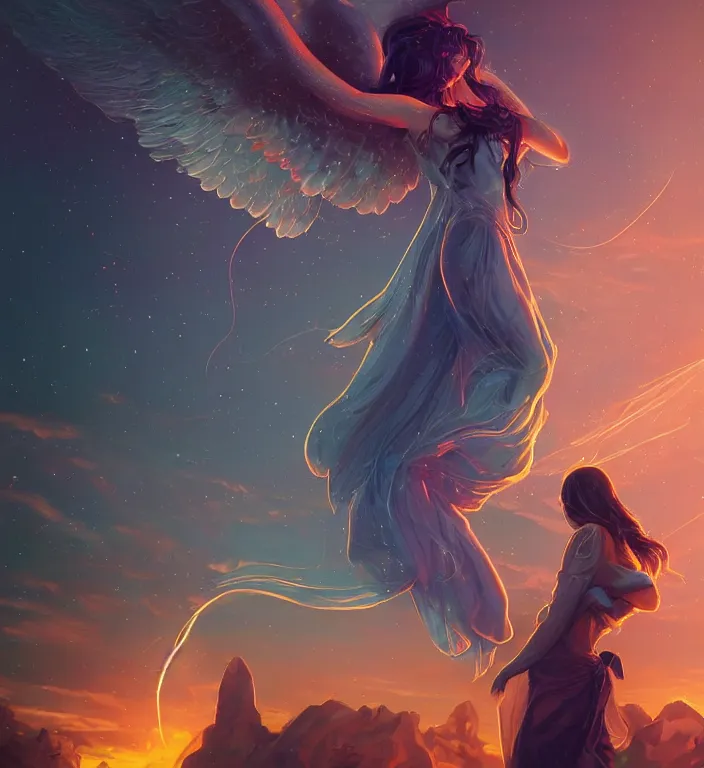 Prompt: centered waist up portrait photography an angel + glowing outlines, dissolve to energy particles of light + bokeh + strong DOF + 8k, photorealistic + composition by Peter Mohrbacher + line work by Dan Mumford , ultra realistic + backlit + strong rimlight, sunset + HDRI, HD, Photoreal
